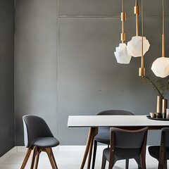 Minimalist dining area with a gray table and a white geometric chandelier2, Generative AI