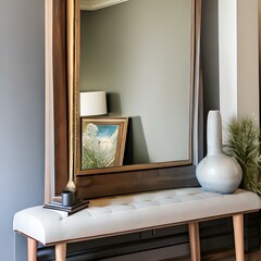 Minimalist entryway with a gray console table and a large white mirror3, Generative AI