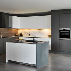 Minimalist kitchen with gray cabinets and a white marble countertop1, Generative AI