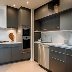 Fototapeta premium Minimalist kitchen with gray cabinets and a white marble countertop2, Generative AI