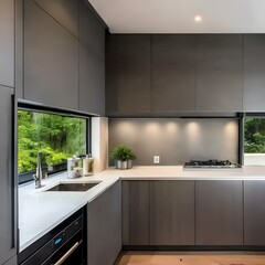 Minimalist kitchen with gray cabinets and white countertops1, Generative AI