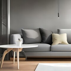 Minimalist living room with a gray sofa and a white coffee table2, Generative AI