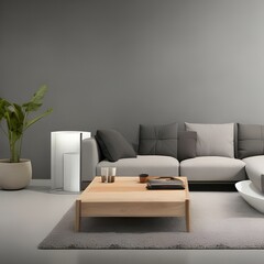 Minimalist living room with a gray sofa and a white coffee table3, Generative AI