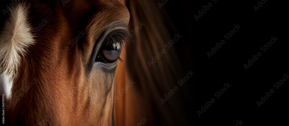 Wall mural extreme close up of horse eyes front view looking at camera banner with copy space. generative ai