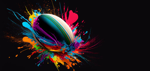 Rugby ball colorful splash on black illustration sport horizontal banner with copy space. Generative AI graphic