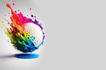 Rolgordijnen Golf ball colorful splash on white illustration sport banner with copy space. Generative AI graphic © fabioderby