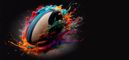 Rugby ball colorful splash on black illustration sport horizontal banner with copy space. Generative AI graphic - obrazy, fototapety, plakaty
