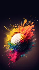 Foto auf Acrylglas Golf ball colorful splash on black illustration sport vertical banner with copy space. Generative AI graphic © fabioderby