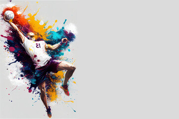 Volleyball sport player colorful splash horizontal banner on white illustration with copy space. Generative AI graphic