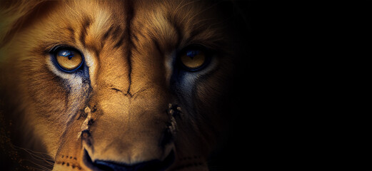 Extreme close up of lion eyes front view looking at camera horizontal banner with copy space. Generative AI