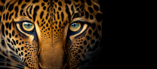 Extreme close up of tiger eyes front view looking at camera banner with copy space. Generative AI
