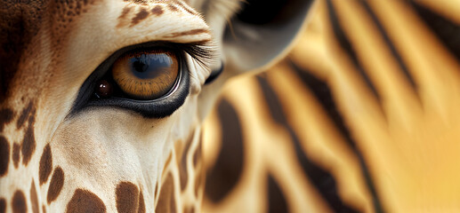 Fototapety  Extreme close up of giraffe eye front view looking at camera horizontal banner with copy space. Generative AI