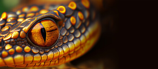 Fototapeta premium Extreme close up of snake eye front view looking at camera horizontal banner with copy space. Generative AI