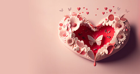 Valentine card banner graphic, heart shaped decoration with butterlies and flowers, copy space red and pink colors. Generative AI illustration