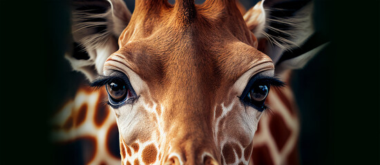 Extreme close up of giraffe eyes front view looking at camera banner with copy space. Generative AI - obrazy, fototapety, plakaty