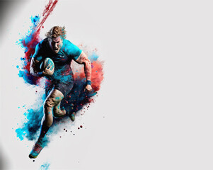Rugby sport player colorful splash horizontal banner on white illustration with copy space. Generative AI graphic - obrazy, fototapety, plakaty