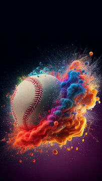 Baseball ball colorful splash on black illustration sport vertical banner with copy space. Generative AI graphic
