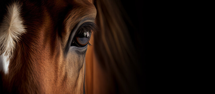 Extreme close up of horse eyes front view looking at camera banner with copy space. Generative AI
