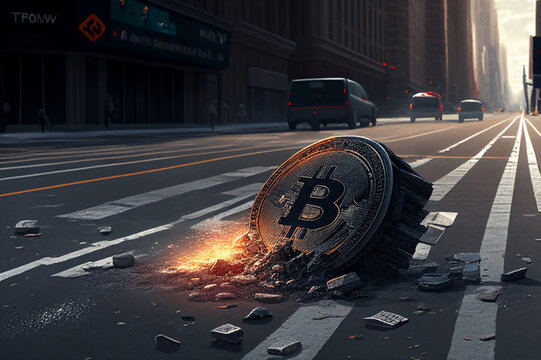 Bitcoin crypto currency crisis fall concept, coin crash in the street. Generative AI illustration