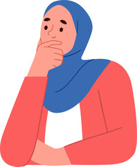 vector illustration of a Muslim woman character with a serious face and thinking hand gesture
