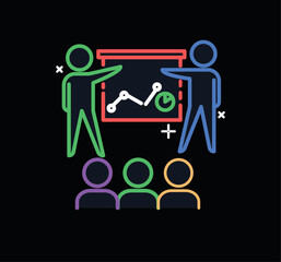 Business lecture neon icon. Men stand near slide with graphs and charts. Infographics and presentation, education, learning, development and training. Cartoon flat vector illustration