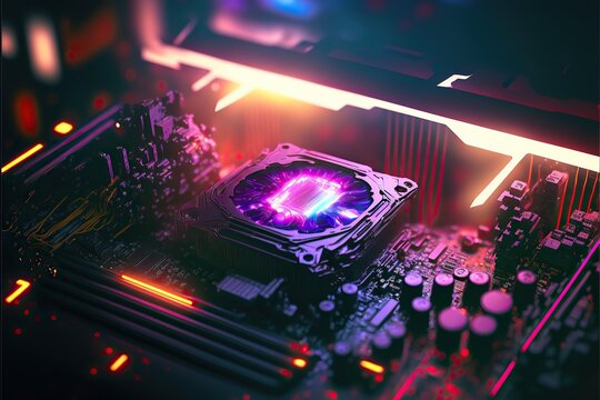 Abstract Electronic modern motherboard Gaming PC with RGB LED lights. High-performance, Technology cyberpunk coolers, ,Generative ai
