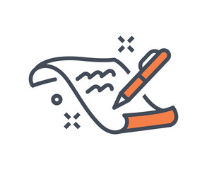 Planning orange icon. Pen with document, metaphor for successful negotiations, making deal. Business processes and efficient work. To do list. Cartoon flat vector illustration