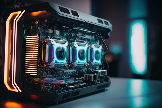 Abstract Electronic Mounting a modern gaming graphic card computer. High-performance graphics card with Technology cyberpunk coolers, motherboard background, Generative ai