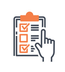 Checklist orange icon. Motivation and goal setting, employee checks completed tasks, monitors work efficiency. Time management, business and entrepreneurship. Cartoon flat vector illustration