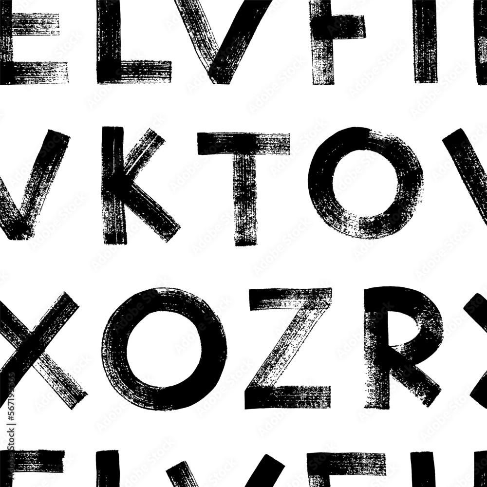 Fototapete alphabet letters seamless pattern. brush drawn grunge thick font. monochrome typography background i