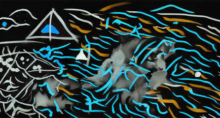Abstract Painting with Bold White and Blue Brushstrokes on Black Generative AI Illustration 
