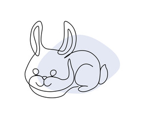 Cute minimalistic rabbit. One line drawing on purple spot background. Graphic element for website. Charming and charming character. Painting for home and decoration. Cartoon flat vector illustration