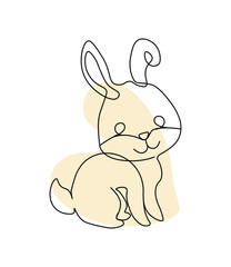 Cute minimalistic rabbit. Cute animal sits against background of abstract yellow spot. Wild life and fauna, biology and nature. Creativity and art. Cartoon flat vector illustration
