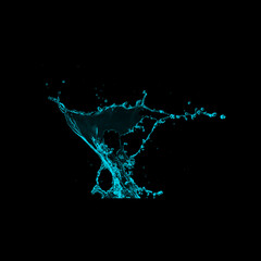 Blue, Turquoise Water splash isolated on black background. Royalty high-quality free stock image of overlays realistic Clear water splash, Hydro explosion, aqua dynamic motion element spray droplets