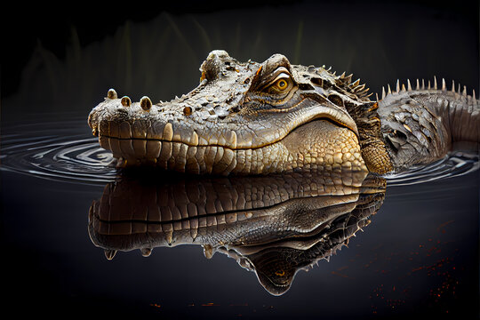 Crocodile in the water, closeup of gator snout eyes body, reptile sharp teeth and scales, isolated, generative ai
