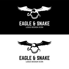 Eagle flies and clutching a snake in fight with retro vintage style logo design mascot character