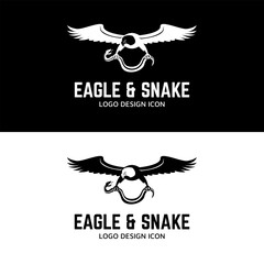 Fototapeta premium Eagle flies and clutching a snake in fight with retro vintage style logo design mascot character
