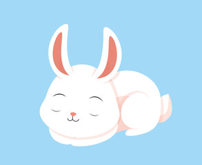 Cute white rabbit. Charming character sleeping. Toy and mascot, design element for invitation and greeting postcard. Symbol of Easter and spring season. Cartoon flat vector illustration