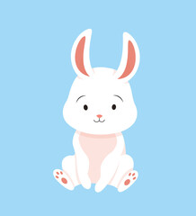 Cute white rabbit. Sticker for social networks and messengers. Fauna and wild life, biology. Mammal and pet. Soft toy, mascot for children. Cartoon flat vector illustration