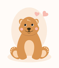 Obraz premium Cute brown bear sitting. Charming character with hearts. Design element for greeting postcard for valentines day. Romance, tenderness and love. Cartoon flat vector illustration