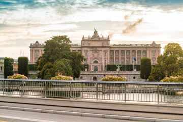 View of the swedish royal palace by the sunset in summer in stockholm