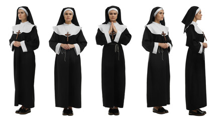 Collage with photos of young nun on white background