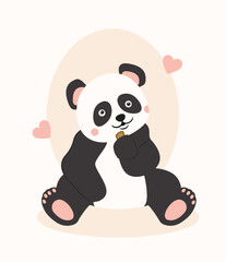 Cute panda sitting. Charming animal with hearts, tenderness and love, care. Asian traditions and culture. Biology and zoology, wild life. Graphic element for website. Cartoon flat vector illustration