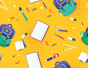 Back to School seamless pattern. Repeating design element for printing on fabric. Education, learning and training. Backpack and colored pencils. Eraser and ruler. Cartoon flat vector illustration