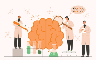 Brain chemistry concept. Men and woman with magnifying glass doing research in laboratory. Chemistry and biology, science and experiment. Doctors research DNA. Cartoon flat vector illustration