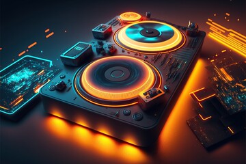 Abstract Modern DJ equipment turntables and electronic mixer mixer on the table,cyberpunk colored light around,Generative ai	
