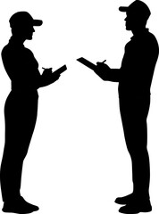 Silhouettes set of warehouse workers with a clipboard. Delivery man and woman. Vector flat style illustration isolated on white. Full-length view	