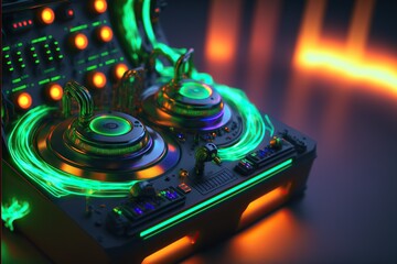 Obraz premium Abstract Modern DJ equipment turntables and electronic mixer mixer on the table,cyberpunk colored light around,Generative ai 