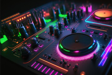 Abstract Modern DJ equipment turntables and electronic mixer mixer on the table,cyberpunk colored light around,Generative ai	
 - obrazy, fototapety, plakaty