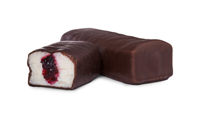 Cut and whole glazed curds with berry filling isolated on white